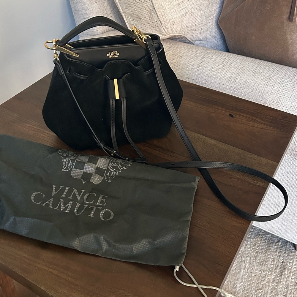 NEW Vince Camuto Black Suede and Leather Purse w/ Detachable Strap and Dust Bag
